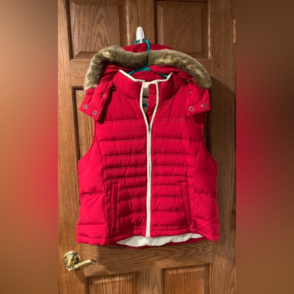 Ann Taylor Cherry Red, Down Vest with detachable fur hood